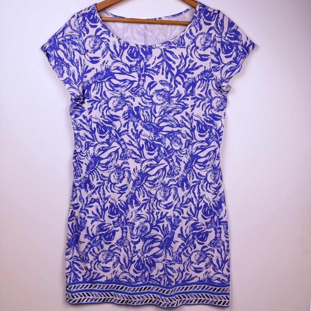 Lilly Pulitzer Blue White Lobster Preppy Beach Cotton T-Shirt Dress Size L